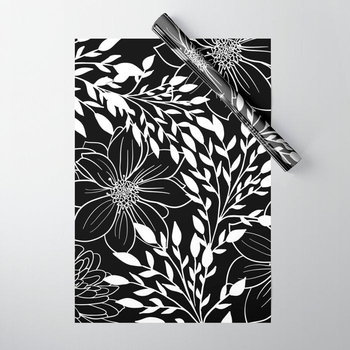 Floral Prints and Leaves, Line Art, Black and White Wrapping Paper Gallery Image 1