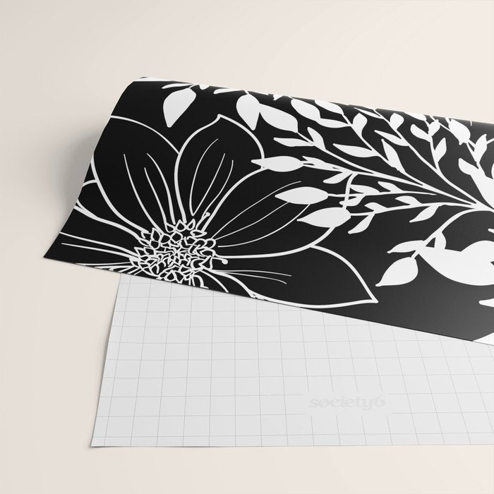 Floral Prints and Leaves, Line Art, Black and White Wrapping Paper Gallery Image 2