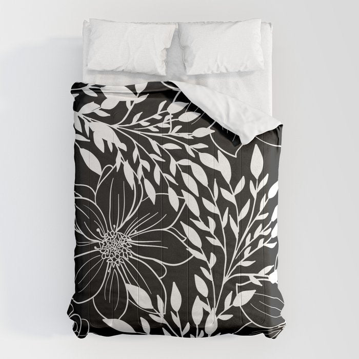 Floral Prints and Leaves, Line Art, Black and White Comforter Gallery Image 6