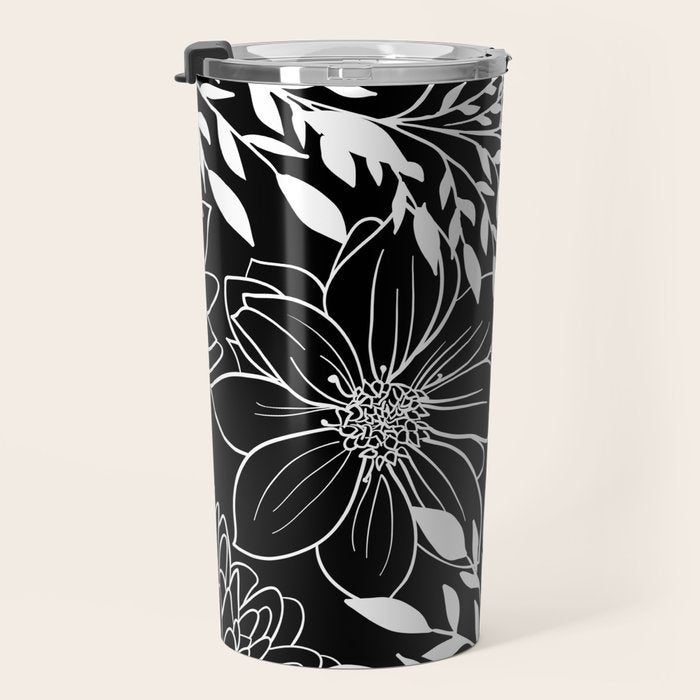Floral Prints and Leaves, Line Art, Black and White Travel Mug Gallery Image 3