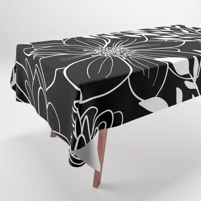 Floral Prints and Leaves, Line Art, Black and White Tablecloth Gallery Image 1