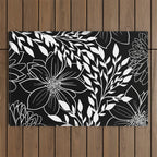 Floral Prints and Leaves, Line Art, Black and White Outdoor Rug Gallery Image 1