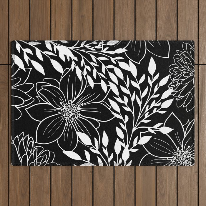 Floral Prints and Leaves, Line Art, Black and White Outdoor Rug Gallery Image 1