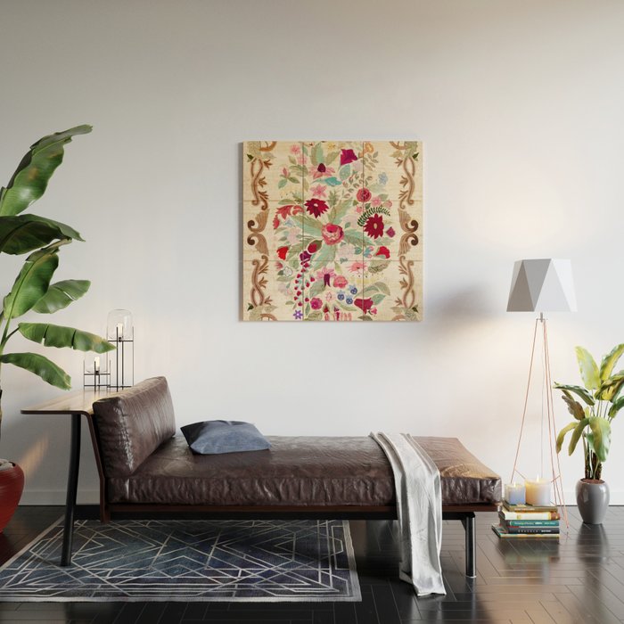 Vintage American Floral Rug Print Wood Wall Art Gallery Image 2