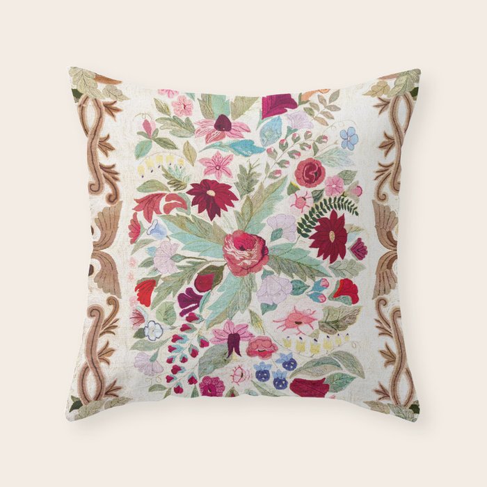 Vintage American Floral Rug Print Throw Pillow Gallery Image 6