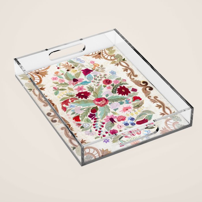 Vintage American Floral Rug Print Acrylic Tray Gallery Image 1