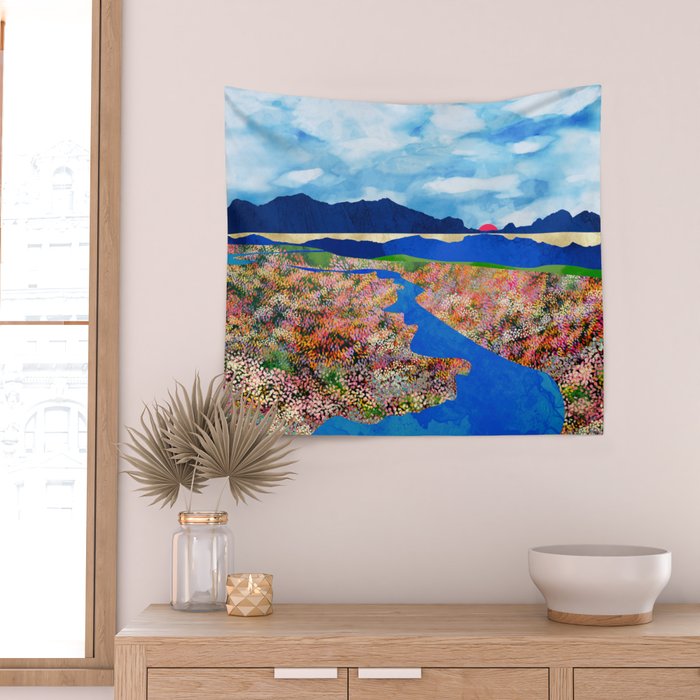Flower Field Stream Wall Tapestry Gallery Image 2