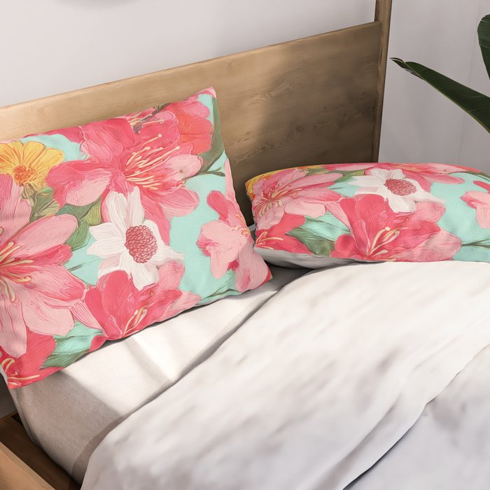 Azalea and Wildflower Bouquet on Teal Pillow Sham Gallery Image 2