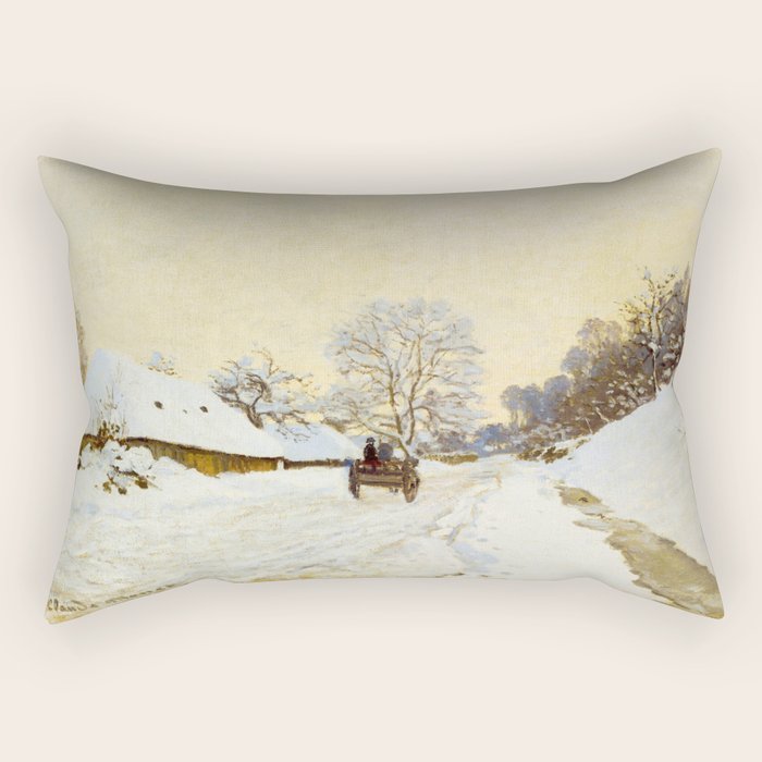 Claude Monet Impressionist Landscape Oil Painting A Cart on the Snowy Road at Honfleur Rectangular Pillow Gallery Image 2