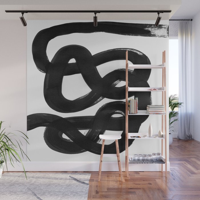 Knots Black & White Minimalist Ink Tribal Mid Century Pattern Dark Painting Pattern Wall Mural Gallery Image 1