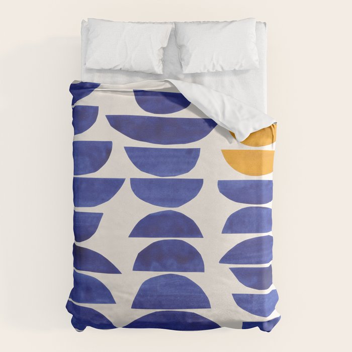 'Sunset Eyes' Mid Century Modern Minimalist Paper Collage Semicircles Blue Yellow Colors Duvet Cover Gallery Image 1