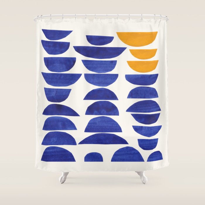 'Sunset Eyes' Mid Century Modern Minimalist Paper Collage Semicircles Blue Yellow Colors Shower Curtain Gallery Image 1