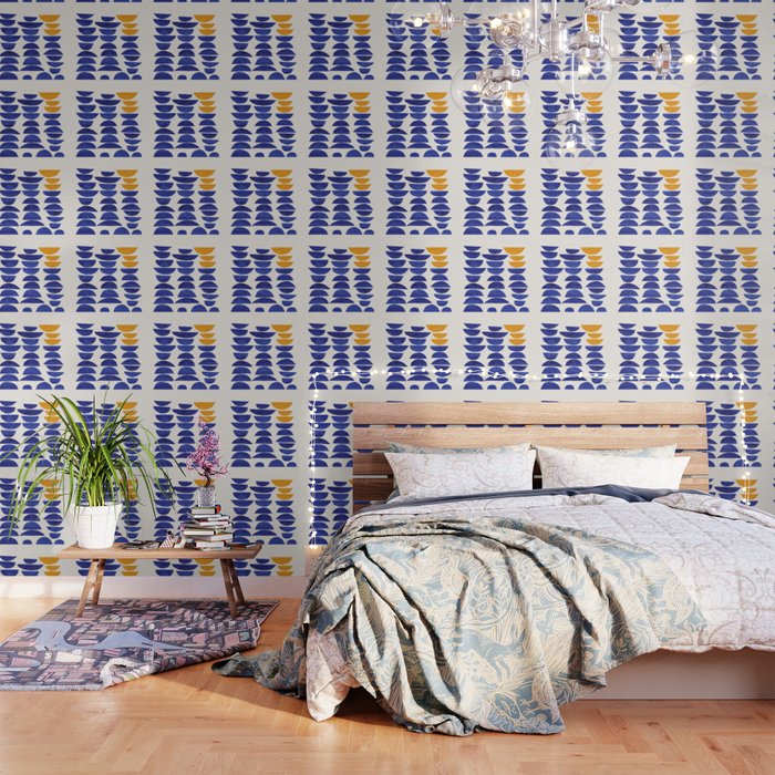 'Sunset Eyes' Mid Century Modern Minimalist Paper Collage Semicircles Blue Yellow Colors Wallpaper Gallery Image 1