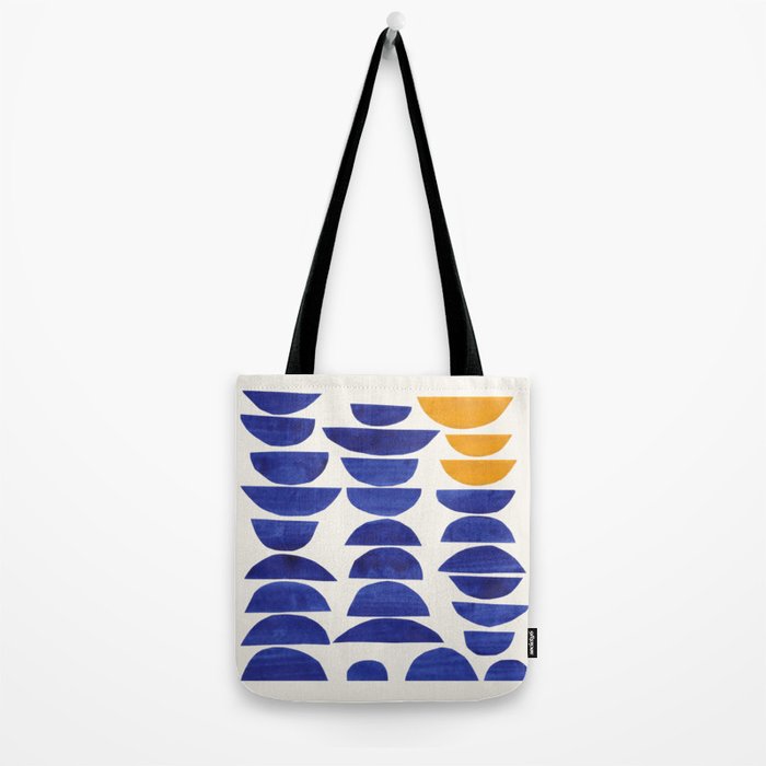 'Sunset Eyes' Mid Century Modern Minimalist Paper Collage Semicircles Blue Yellow Colors Tote Bag Gallery Image 2
