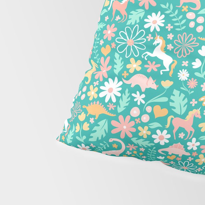 Dinosaurs + Unicorns on Teal Pillow Sham Gallery Image 4