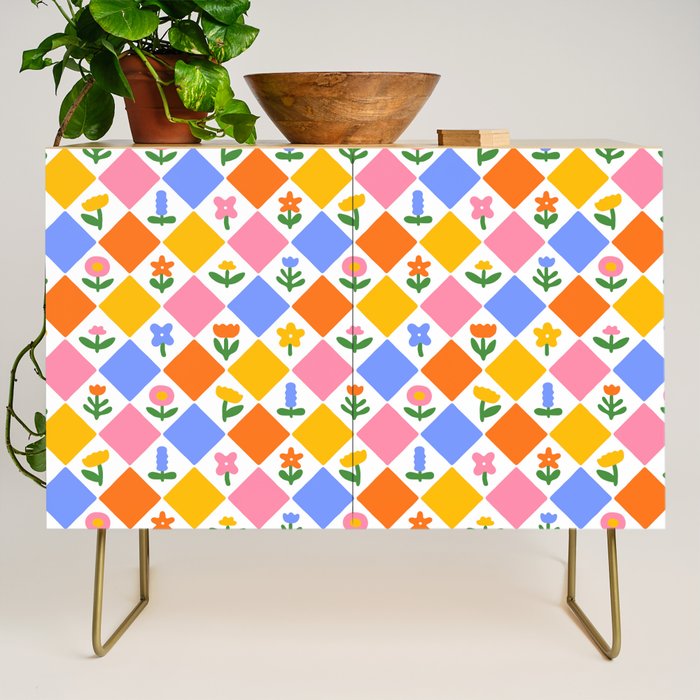 Vintage colorful geometric flower art pattern Credenza Gallery Image 1