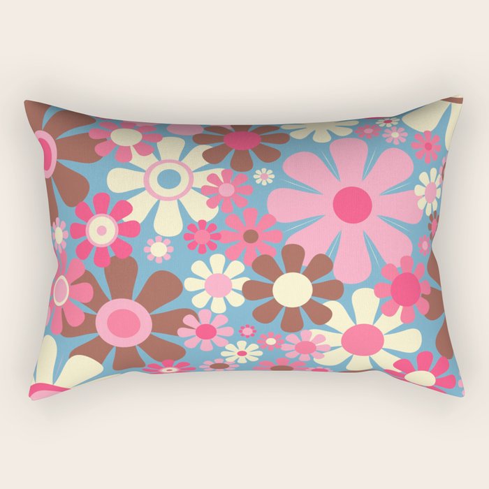 Groovy Retro Floral Garden 60s 70s Pattern in Cheerful Pink Brown and Blue Rectangular Pillow Gallery Image 2