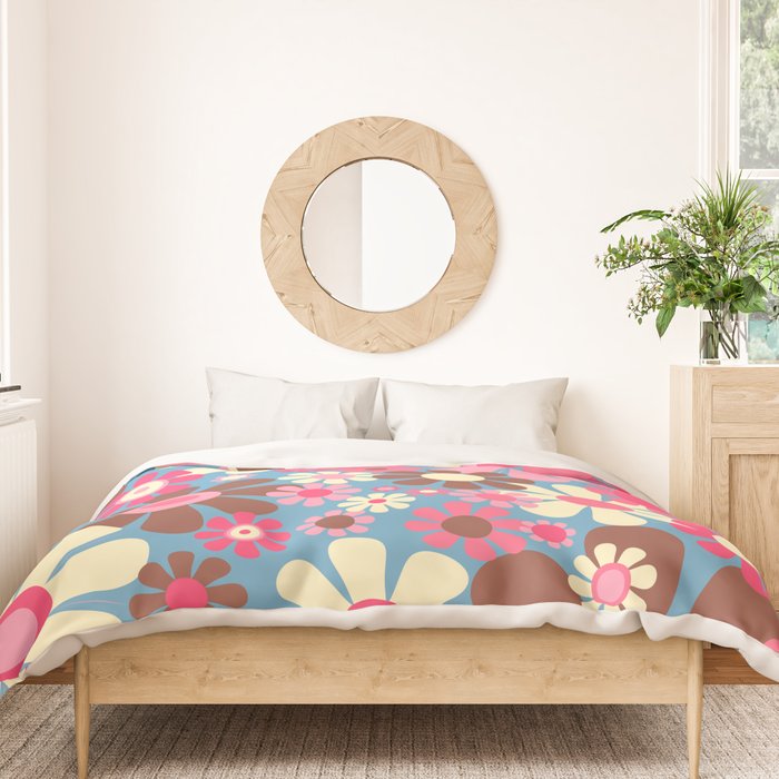 Groovy Retro Floral Garden 60s 70s Pattern in Cheerful Pink Brown and Blue Duvet Cover Gallery Image 3