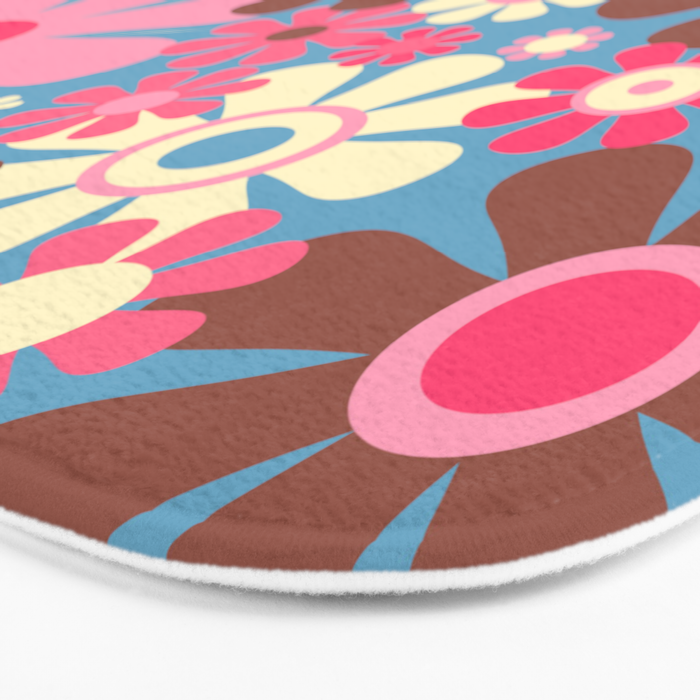 Groovy Retro Floral Garden 60s 70s Pattern in Cheerful Pink Brown and Blue Bath Mat Gallery Image 3