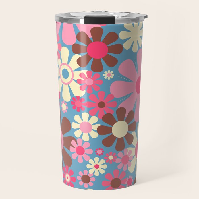 Groovy Retro Floral Garden 60s 70s Pattern in Cheerful Pink Brown and Blue Travel Mug Gallery Image 1