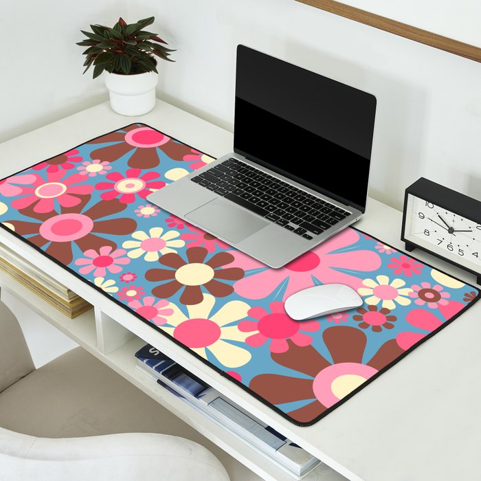 Groovy Retro Floral Garden 60s 70s Pattern in Cheerful Pink Brown and Blue Desk Mat Gallery Image 2