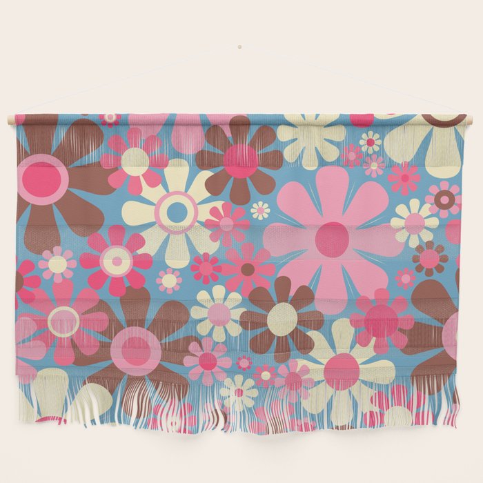 Groovy Retro Floral Garden 60s 70s Pattern in Cheerful Pink Brown and Blue Wall Hanging Gallery Image 1