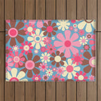 Groovy Retro Floral Garden 60s 70s Pattern in Cheerful Pink Brown and Blue Outdoor Rug Gallery Image 1