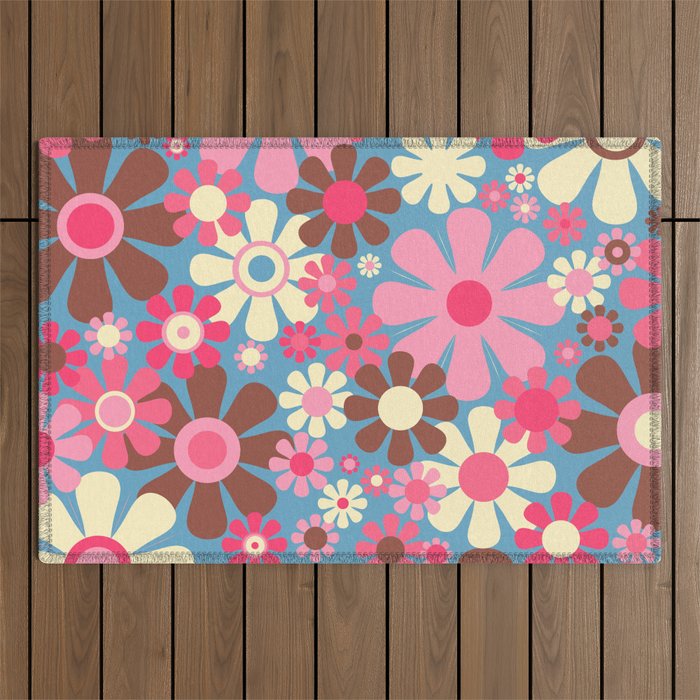 Groovy Retro Floral Garden 60s 70s Pattern in Cheerful Pink Brown and Blue Outdoor Rug Gallery Image 1