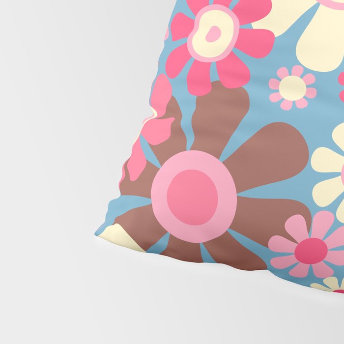 Groovy Retro Floral Garden 60s 70s Pattern in Cheerful Pink Brown and Blue Pillow Sham Gallery Image 4