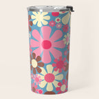 Groovy Retro Floral Garden 60s 70s Pattern in Cheerful Pink Brown and Blue Travel Mug Gallery Image 2
