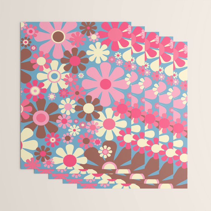 Groovy Retro Floral Garden 60s 70s Pattern in Cheerful Pink Brown and Blue Wrapping Paper Gallery Image 3