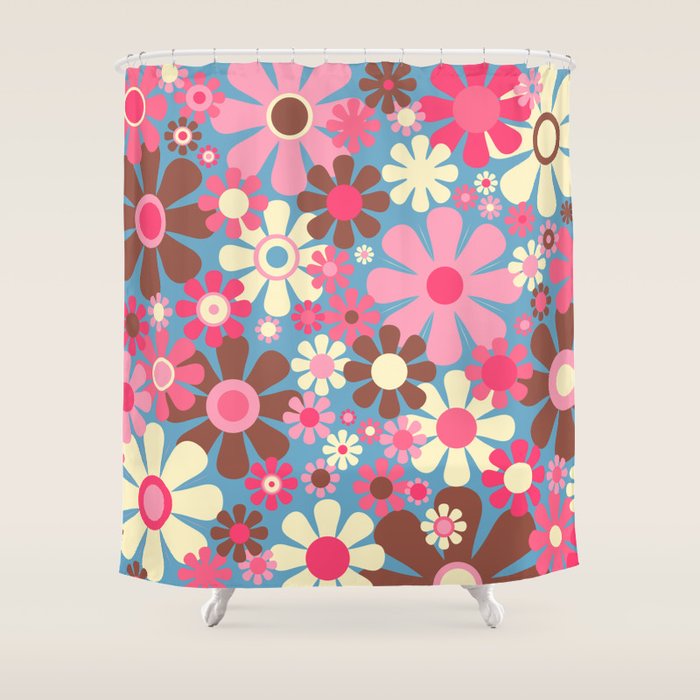 Groovy Retro Floral Garden 60s 70s Pattern in Cheerful Pink Brown and Blue Shower Curtain Gallery Image 1