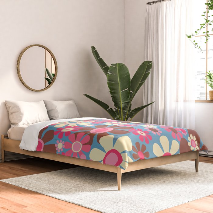 Groovy Retro Floral Garden 60s 70s Pattern in Cheerful Pink Brown and Blue Comforter Gallery Image 2
