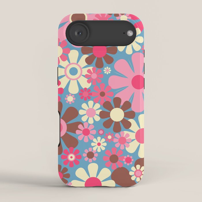 Groovy Retro Floral Garden 60s 70s Pattern in Cheerful Pink Brown and Blue iPhone Case Gallery Image 2