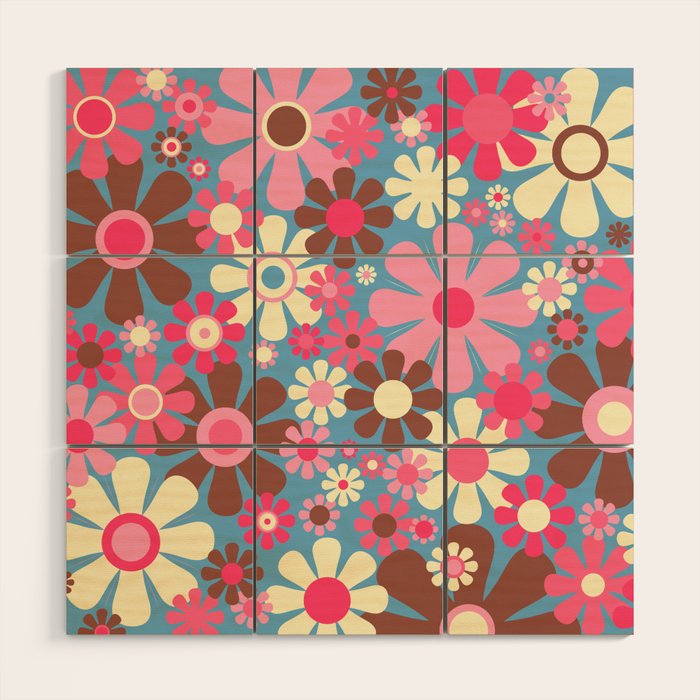 Groovy Retro Floral Garden 60s 70s Pattern in Cheerful Pink Brown and Blue Wood Wall Art Gallery Image 1