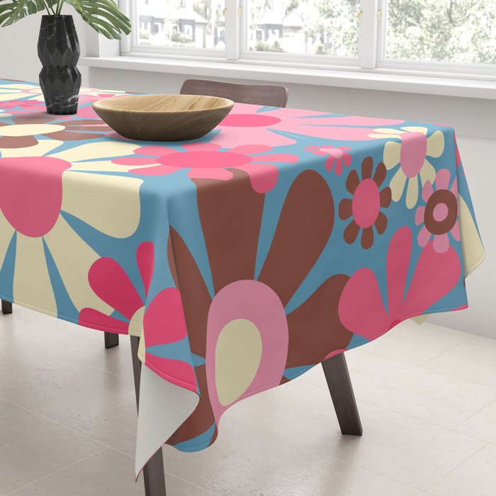 Groovy Retro Floral Garden 60s 70s Pattern in Cheerful Pink Brown and Blue Tablecloth Gallery Image 3