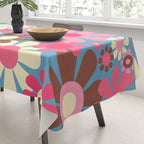 Groovy Retro Floral Garden 60s 70s Pattern in Cheerful Pink Brown and Blue Tablecloth Gallery Image 3