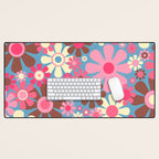 Groovy Retro Floral Garden 60s 70s Pattern in Cheerful Pink Brown and Blue Desk Mat Gallery Image 1
