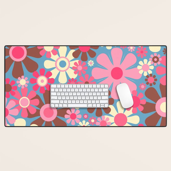 Groovy Retro Floral Garden 60s 70s Pattern in Cheerful Pink Brown and Blue Desk Mat Gallery Image 1