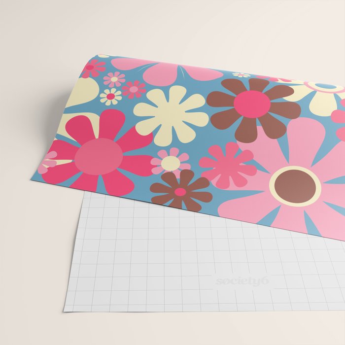 Groovy Retro Floral Garden 60s 70s Pattern in Cheerful Pink Brown and Blue Wrapping Paper Gallery Image 2