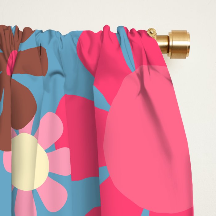 Groovy Retro Floral Garden 60s 70s Pattern in Cheerful Pink Brown and Blue Window Curtain Gallery Image 2
