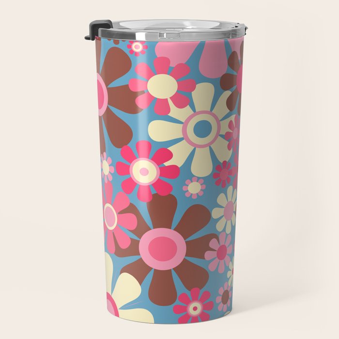 Groovy Retro Floral Garden 60s 70s Pattern in Cheerful Pink Brown and Blue Travel Mug Gallery Image 3