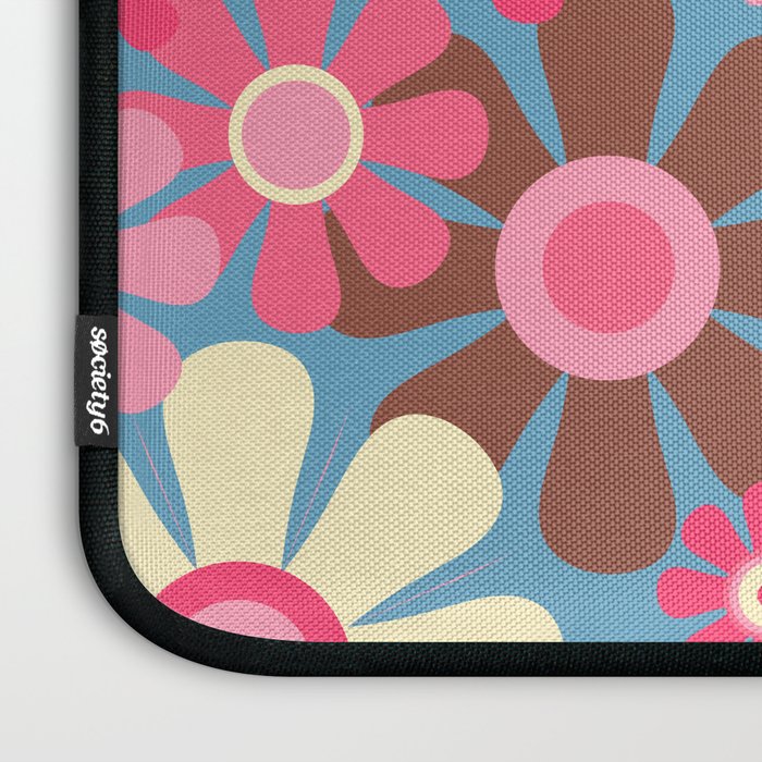 Groovy Retro Floral Garden 60s 70s Pattern in Cheerful Pink Brown and Blue Laptop Sleeve Gallery Image 3