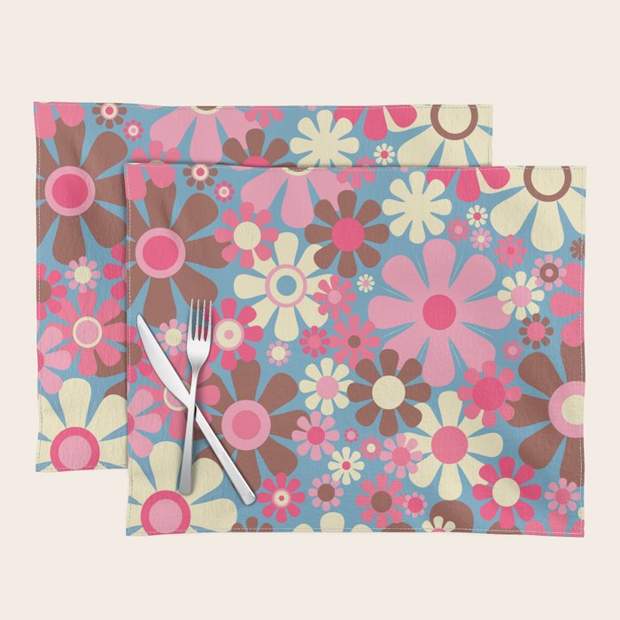 Groovy Retro Floral Garden 60s 70s Pattern in Cheerful Pink Brown and Blue Placemat Gallery Image 1