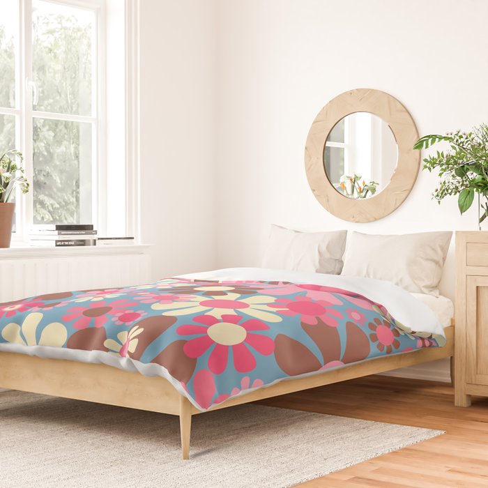 Groovy Retro Floral Garden 60s 70s Pattern in Cheerful Pink Brown and Blue Duvet Cover Gallery Image 2