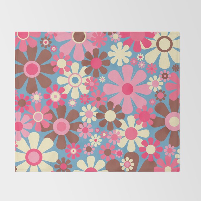 Groovy Retro Floral Garden 60s 70s Pattern in Cheerful Pink Brown and Blue Throw Blanket Gallery Image 2