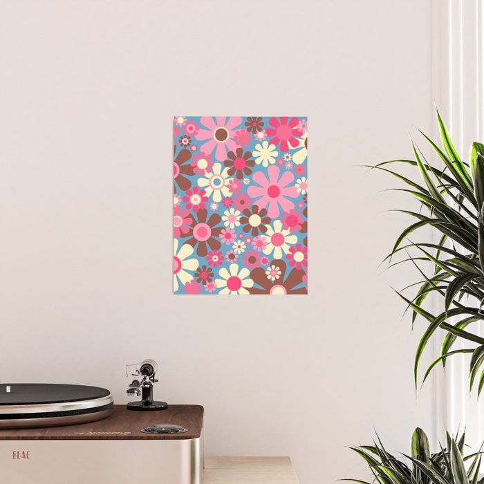 Groovy Retro Floral Garden 60s 70s Pattern in Cheerful Pink Brown and Blue Poster Gallery Image 2