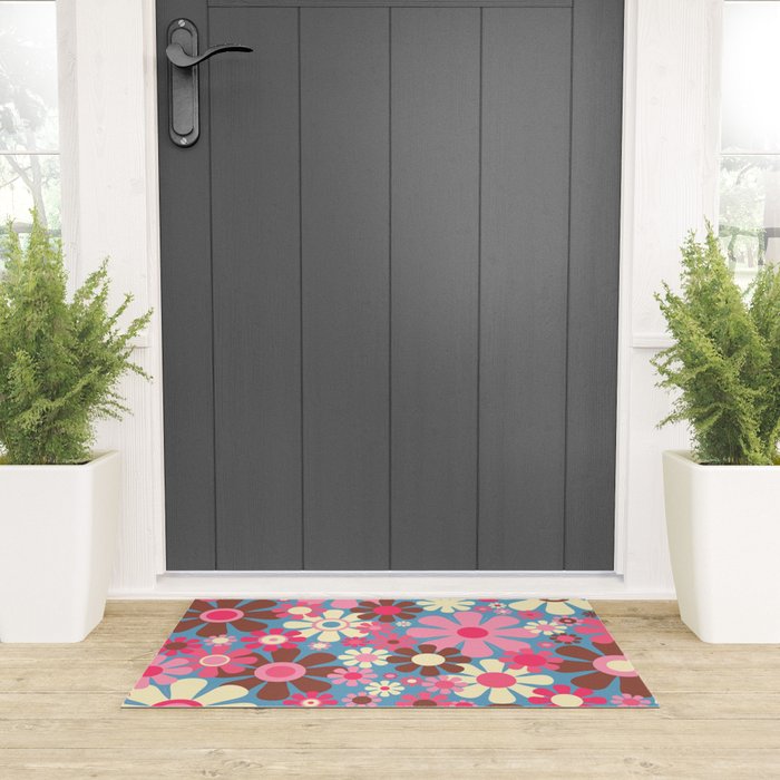 Groovy Retro Floral Garden 60s 70s Pattern in Cheerful Pink Brown and Blue Welcome Mat Gallery Image 3
