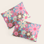 Groovy Retro Floral Garden 60s 70s Pattern in Cheerful Pink Brown and Blue Pillow Sham Gallery Image 3