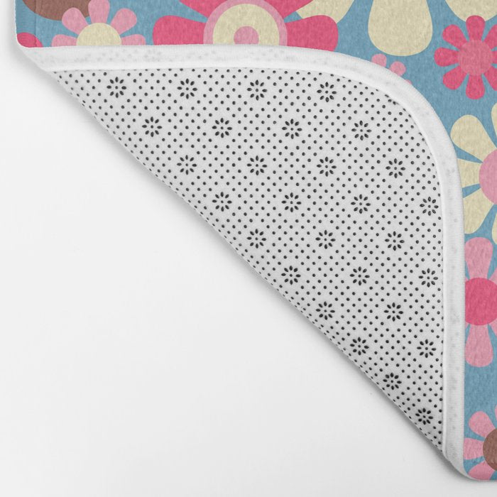 Groovy Retro Floral Garden 60s 70s Pattern in Cheerful Pink Brown and Blue Bath Mat Gallery Image 2